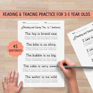 Può includere: Un foglio di lavoro per la pratica della lettura e del tracciamento per bambini di 3-5 anni. Il foglio di lavoro include frasi come "Il giocattolo è nuovo di zecca" e "La bici è così lucida".
