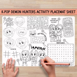 May include: A white K-Pop Demon Hunters activity placemat sheet with black line art. Features include tic-tac-toe, a word search, and cartoon illustrations of characters and lightsticks. The text includes "K-Pop Demon Hunters" and "Saja Boys Soda Pop".