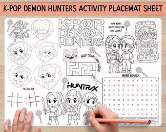 K-Pop Demon Hunters Activity-placematvel met kleuren Saja Boys en Huntrix, leuke doolhofpuzzel en woordzoeker, Morning Basket Activity