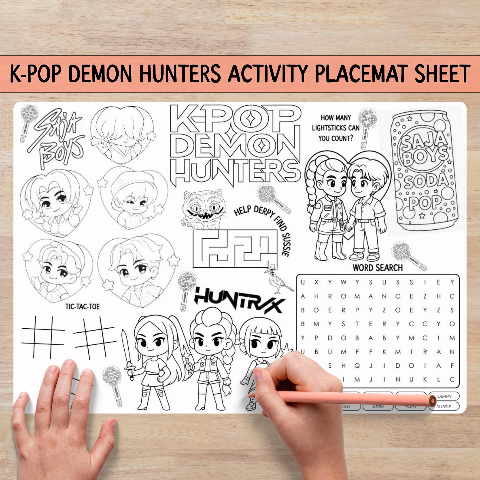 K-pop Demon Hunters Activity Placemat Sheet With Saja Boys and