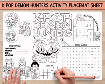 K-Pop Demon Hunters Activity Placemat Sheet met Rumi Zoey Mira inkleuring, een leuke doolhofpuzzel en woordzoeker, Morning Basket Activity
