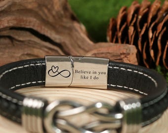 To My MAN Leather Wrap Infinity Knot Bracelet, Personalized Custom Engraved Name Leather Bracelet Birthday Graduation Gift For him son