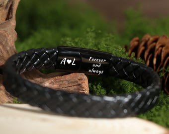 Personalised Leather Stainless Steel Mens Engraved Bracelet ,Christmas Gift,Anniversary gift for him Boyfriend Dad,Men's Gift,hidden message