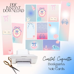 Puede incluir: Un conjunto de marcapáginas y tarjetas con temática costera en rosa, azul y blanco. Los diseños incluyen anclas, conchas marinas y patrones náuticos. El texto "Coastal Coquette" y "PDF Instant Download" es visible.