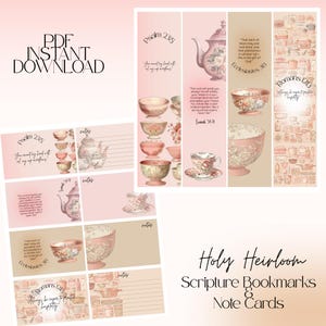 May include: Digital download of scripture bookmarks and note cards. The design features watercolor illustrations of teacups, teapots, and bowls in shades of pink and beige. Text includes Bible verses and the words "Holy Heirloom."