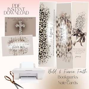 Puede incluir: Un conjunto de marcadores y tarjetas de notas imprimibles con un diseño de estampado de leopardo y citas inspiradoras. La imagen incluye una impresora, tijeras y el texto "Bold & Fierce Faith" y "PDF Instant Download".
