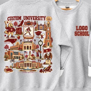 Custom College Hand Sketched Sweatshirt, Personalized College Merch Shirt, Back To School Gift, University Alumni Gift Hoodie