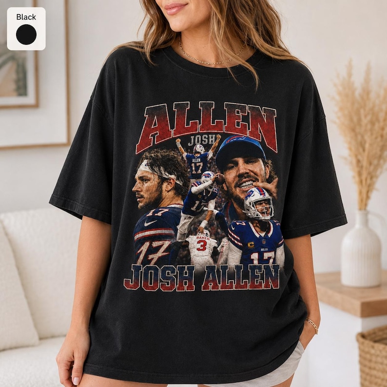 May include: A black short-sleeve t-shirt featuring a vintage-style graphic print of football player Josh Allen. The design includes multiple action shots of the athlete in a blue and red uniform, with the text ALLEN and JOSH ALLEN in red.