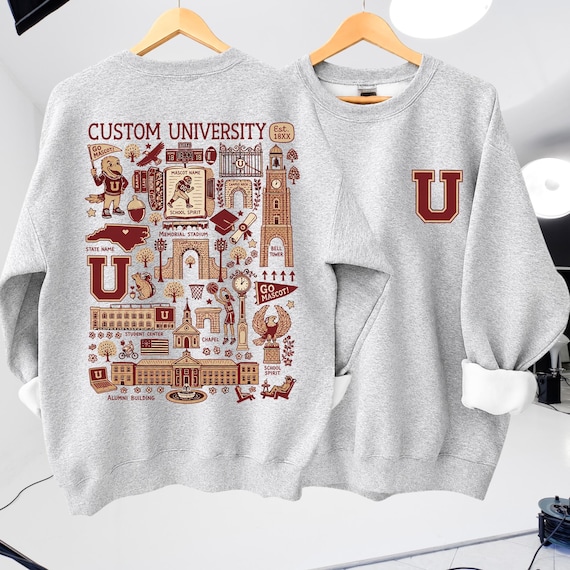 Custom College Hand Sketched Sweatshirt, Personalized College Merch Shirt, Back To School Gift, University Alumni Gift Hoodie