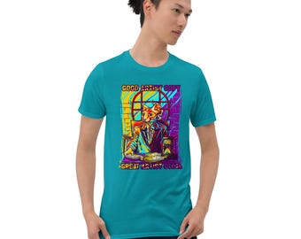 Camiseta con estampado de gato psicodélico, estilo streetwear neón.