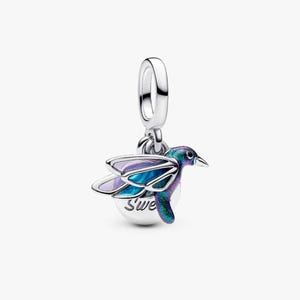 May include: A silver charm with a hummingbird design. The bird features blue, purple, and green iridescent enamel. The charm has a small, round base with the word "Sweet" engraved on it. The charm is suspended from a silver loop.