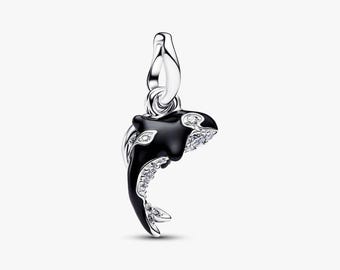 Svart Orca Dangle Charm S925 Sterling Silver Pandora Hänge, Kompatibel med Pandora Moments