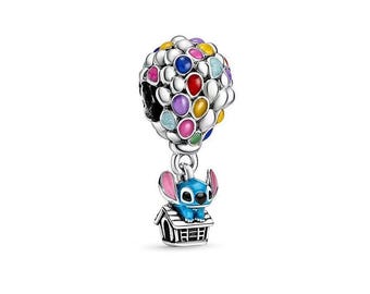 Colgante Pandora de plata de ley 925 con dije de globo aerostático arcoíris y casa de Stitch azul, compatible con Pandora Moments.