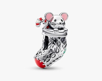 Festive Mouse & Stocking Charm S925 Sterling Silver Pandora Pendant，Compatible With Pandora Moments