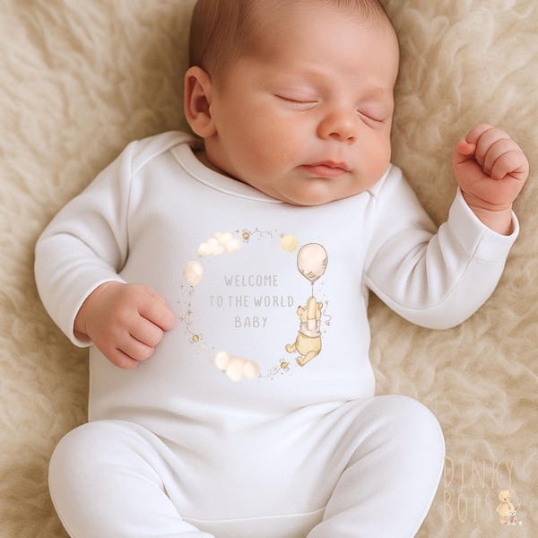 Pooh New Baby Vest, Personalised Baby Grow, Coming Home Outfit, New Baby Gift, Winnie the Pooh Clothing