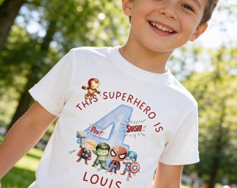 May include: White t-shirt featuring a colorful graphic of Marvel superheroes, the number 4, and the text "This Superhero is Louis". The design includes Iron Man, Thor, Hulk, Spider-Man, and Captain America. A fun birthday shirt.