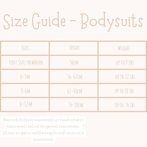 May include: A beige bodysuit size guide with size, height in cm, and weight in lbs. Sizes range from newborn to 6-12 months. The text at the top reads "Size Guide - Bodysuits". Includes a note about baby measurements.