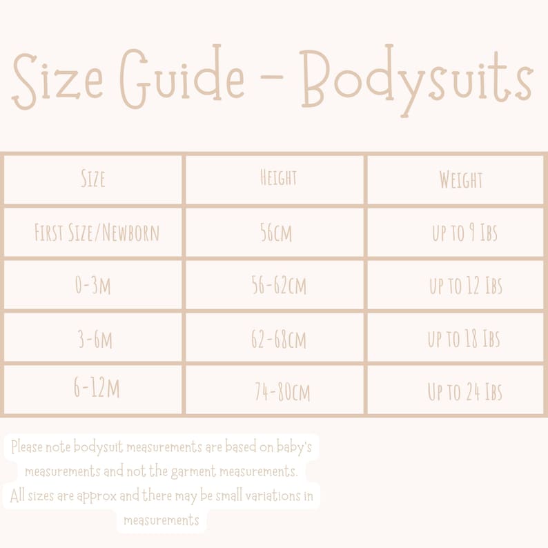 May include: A beige bodysuit size guide with size, height in cm, and weight in lbs. Sizes range from newborn to 6-12 months. The text at the top reads "Size Guide - Bodysuits". Includes a note about baby measurements.
