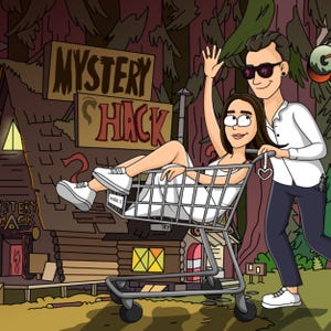 Puede incluir: Ilustración de dibujos animados de una pareja en Mystery Shack. Una mujer está sentada en un carrito de compras que es empujado por un hombre. La mujer saluda y el hombre usa gafas de sol. El fondo presenta una cabaña de madera y un bosque.