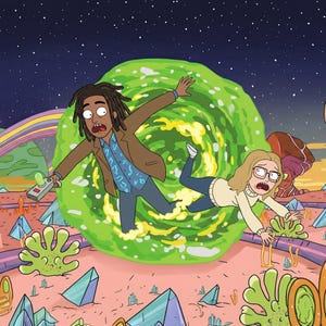 May include: Cartoon illustration featuring two characters falling through a green portal against a starry sky. One character holds a device. The scene includes a rainbow, alien landscape, and a large green portal.