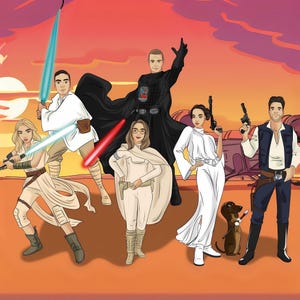 Peut inclure: Illustration de personnages de Star Wars, dont Dark Vador, Luke Skywalker, la Princesse Leia et Han Solo, avec des sabres laser et des blasters. L'œuvre présente un fond de coucher de soleil et un petit chien.