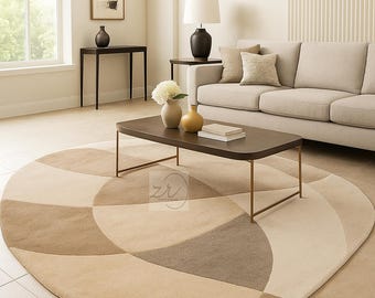 Hand-Tufted Wool Rug: Oval Neutral Multi Modern Abstract Rug,