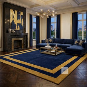 Hand Tufted Wool Rug: Navy Blue Gold Border Living Room Carpet