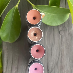 May include: Four lipsticks in varying shades of brown and pink are arranged vertically. Each lipstick has a silver base with black stripes. The lipsticks are set against a wooden surface with green leaves in the background.