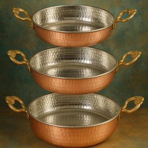 Handmade Copper Pan Set – Hammered Design with Brass Handles, Ottoman Style Serving & Cooking Pans