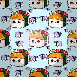 Puede incluir: Patrón repetido de ilustraciones de sushi bonitos sobre un fondo azul claro. Las piezas de sushi presentan acentos naranjas, rojos, verdes y morados. El diseño incluye piezas de sushi más grandes con caras sonrientes y sushi individuales más pequeños.