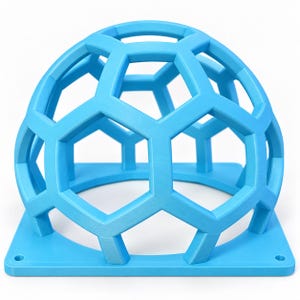 May include: A bright blue, dome-shaped structure featuring a geometric, open-frame honeycomb pattern. The object is mounted on a square base with small circular holes at each corner, creating a rigid, lattice-like cage design with a smooth finish.