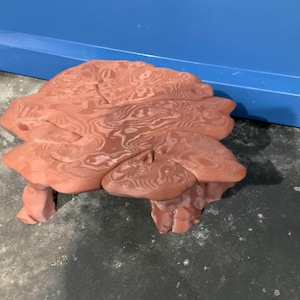 Könnte beinhalten: Ein rötlich-braunes, organisch geformtes Objekt mit einem wirbelnden, marmorierten Muster. Das Objekt hat mehrere Lappen und eine strukturierte Oberfläche, die einem Gehirn oder einer natürlichen Formation ähnelt. Es liegt auf einer gesprenkelten Oberfläche.