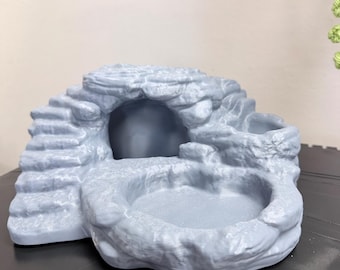 3-in-1 Reptile Hide with Food & Water Dishes | 3D Printed Rock Cave | Leopard Gecko Hide | Snake Hide | Terrarium Decor
