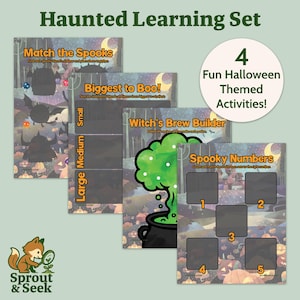 Può includere: Un set di apprendimento a tema Halloween con quattro attività. Il set include schede con titoli come "Match the Spooks", "Biggest to Boo!", "Witch's Brew Builder" e "Spooky Numbers". Le schede presentano illustrazioni di pipistrelli, zucche e un calderone di strega.