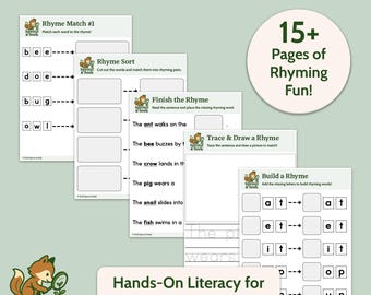 May include: Educational activity set titled "Nature Rhyme Time Set" with worksheets for preschool and kindergarten. Includes "Rhyme Match," "Rhyme Sort," "Finish the Rhyme," "Trace & Draw a Rhyme," and "Build a Rhyme" activities. Features the text "15+ Pages of Rhyming Fun!"