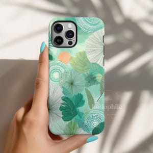 Boho Floral Green Phone Case Summer Mandala Pastel Pattern Phone Cover, Watercolor Feathers Palm Design Casing, iPhone Samsung Google Pixel