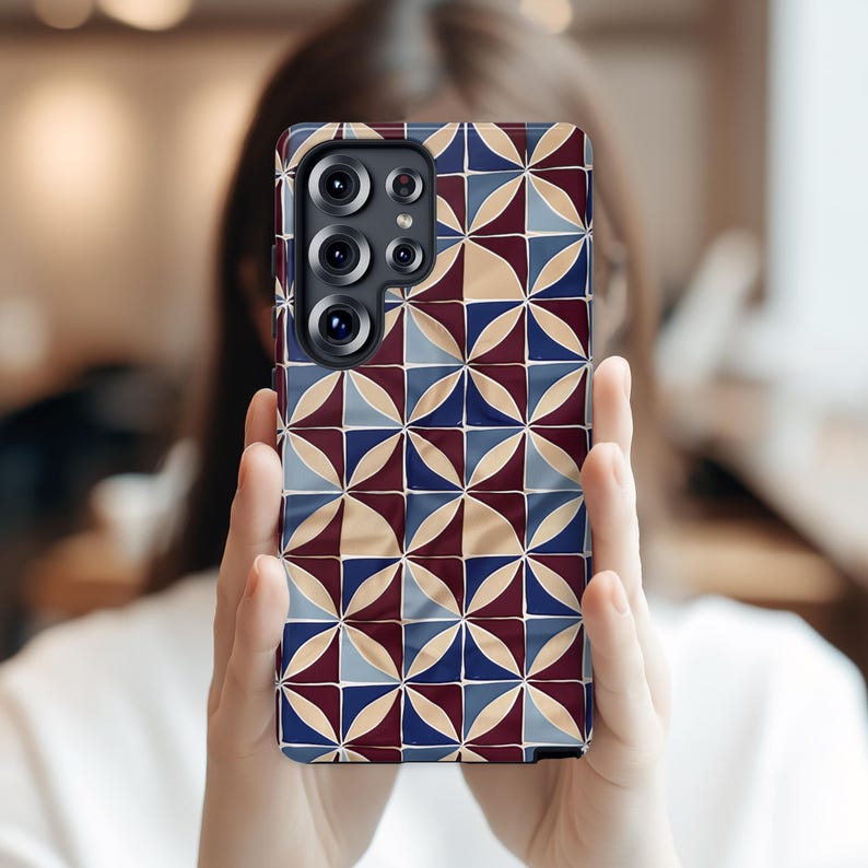 Pixel Tile Pattern Geometric Phone Case: Navy & Burgundy Tile Pattern Tough Phone Cover ...