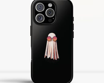 May include: Black phone case with a cartoon ghost wearing orange sunglasses. The ghost has a white body with a peach-coloured gradient. The phone case has a glossy finish and a camera bump.