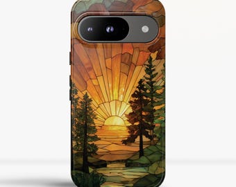 Etui na telefon Forest Sunset Stained Glass z motywem zachodu słońca do Google Pixel 9, 8, 7, 6