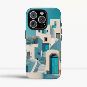 May include: A phone case with a colourful illustration of a Greek village. The design features white buildings with turquoise doors and windows, a staircase, and a clear blue sky. The case has a glossy finish and a teal border.