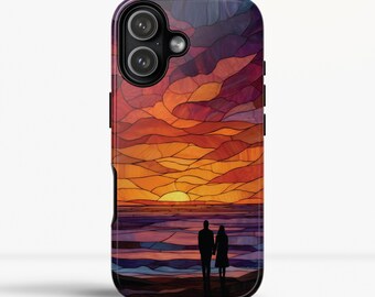 Custodia per telefono con vetrate colorate al tramonto: custodia romantica per iPhone, Samsung Galaxy, Google Pixel, personalizzata, silhouette di coppia