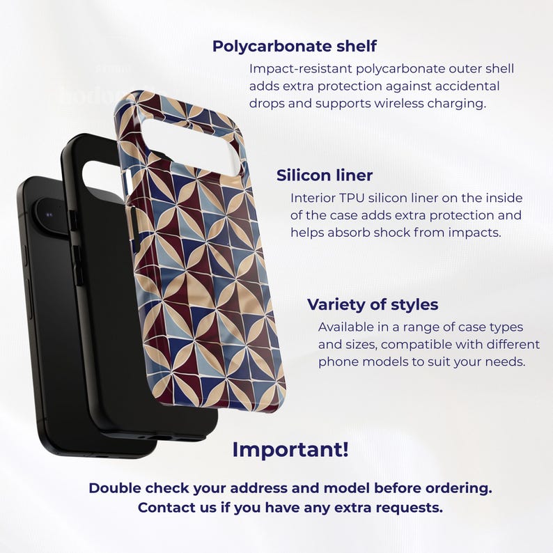 Pixel Tile Pattern Geometric Phone Case: Navy & Burgundy Tile Pattern Tough Phone Cover ...