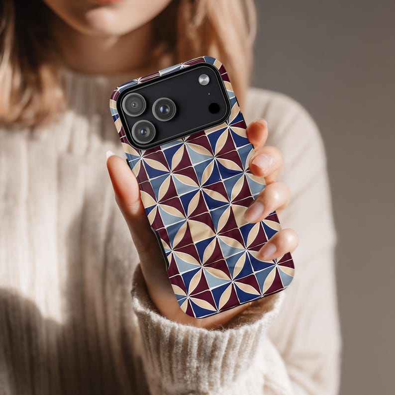 Pixel Tile Pattern Geometric Phone Case: Navy & Burgundy Tile Pattern Tough Phone Cover ...
