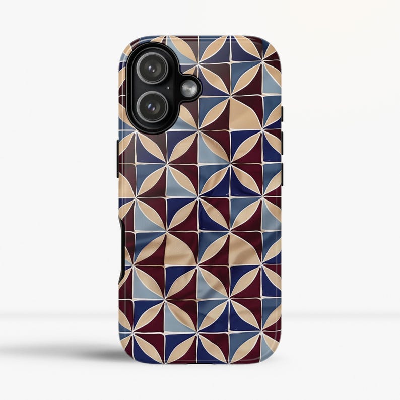 Pixel Tile Pattern Geometric Phone Case: Navy & Burgundy Tile Pattern Tough Phone Cover ...