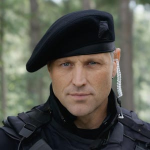 May include: A black beret with a small emblem is worn by a person. The person is wearing a black tactical vest and has a clear earpiece. The background is a blurred forest scene.
