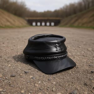 Puede incluir: Gorra de cuero negro con una banda trenzada y una pequeña visera. La gorra tiene un diseño de costura único en la parte superior. El sombrero está sobre una superficie de grava, con un fondo borroso de un campo de tiro.