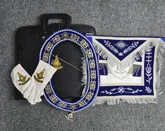 Masonic Past Master Quadrant and Square Set, Embroidered Apron, Chain Collar, Gloves and Case