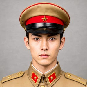 May include: A tan military-style peaked cap with a red band, a black visor, and a gold star emblem. The cap is paired with a matching tan uniform jacket featuring red collar tabs with gold stars and gold shoulder epaulets with small stars.