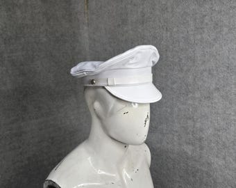 White Genuine Leather Muir Cap - Daddy Peaked Hat - BDSM Roleplay Military Style Hats