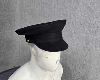 Black Wool Chauffeur Hat, Classic Peaked Driver Cap, Limo Uniform Cap